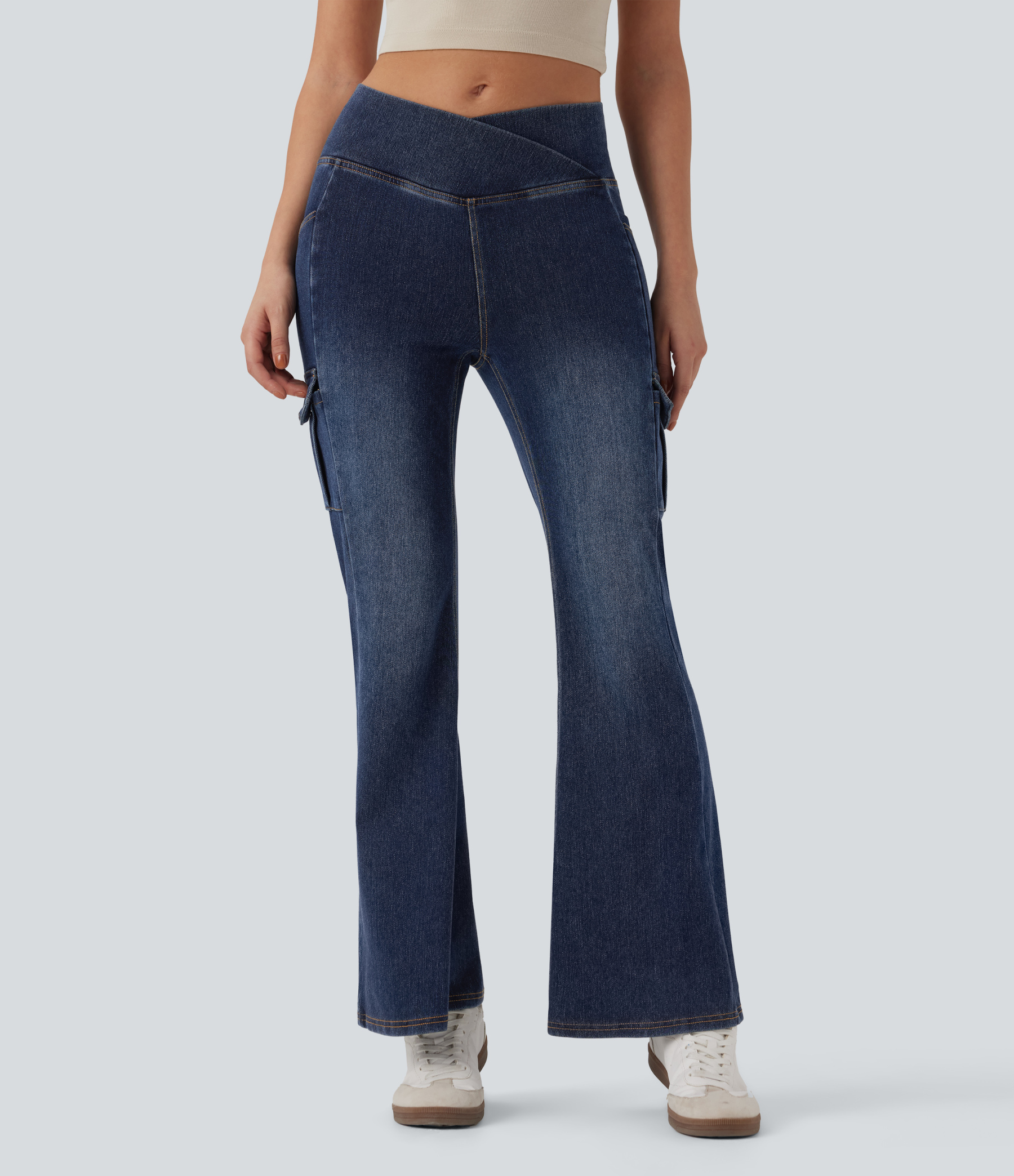 FlexMid Rise Crossover Denim Bootcut Casual Leggings with Pockets