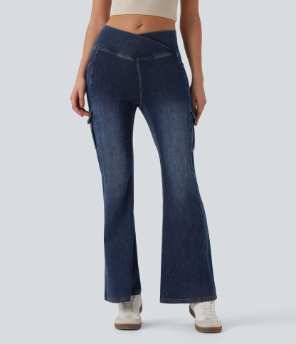 FlexMid Rise Crossover Denim Bootcut Casual Leggings with Pockets