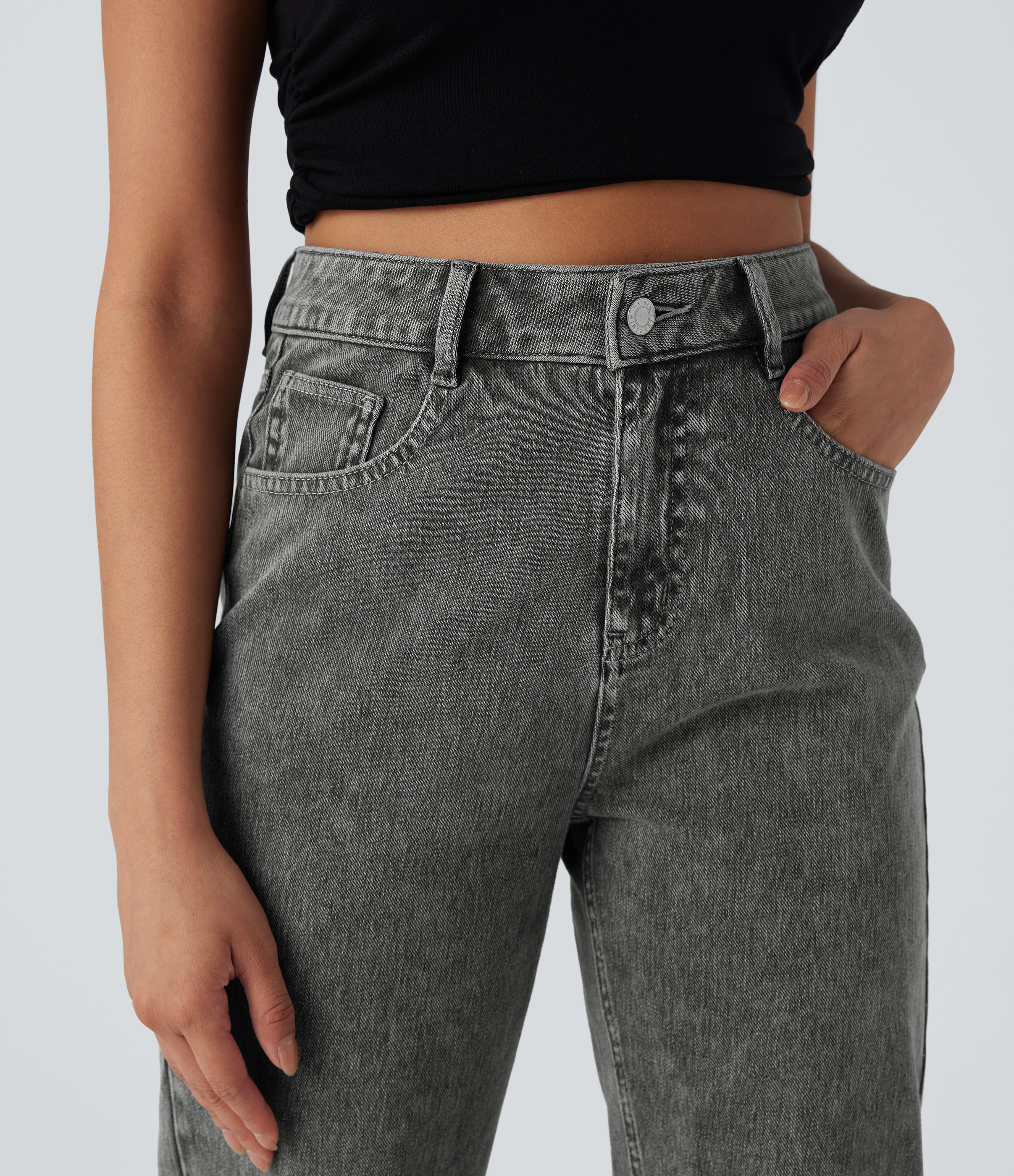 FlexHigh Waisted Zipper Pockets Straight Leg Casual Jeans