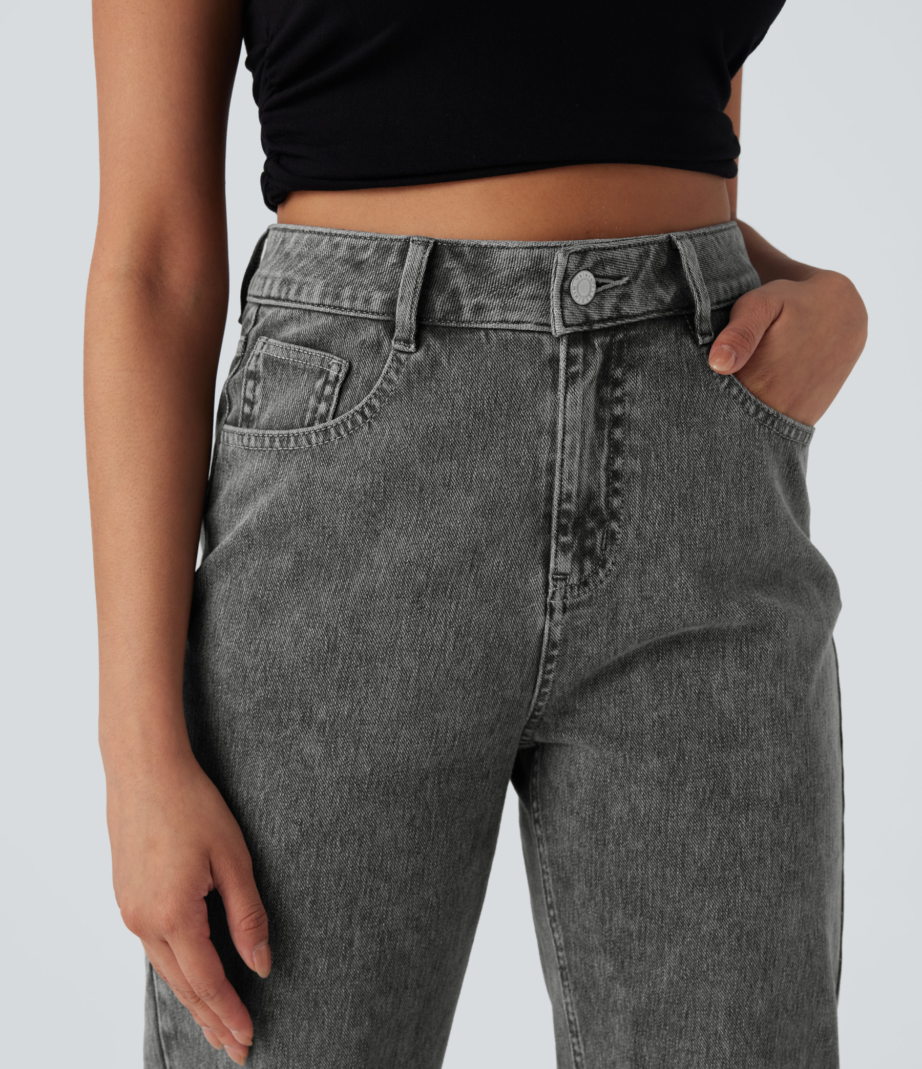 FlexHigh Waisted Zipper Pockets Straight Leg Casual Jeans