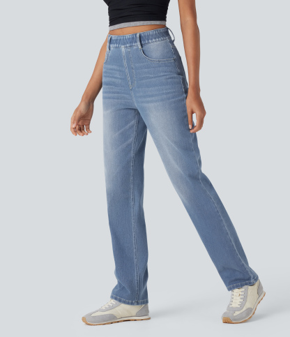 FlexHigh Waisted Pockets Straight Leg Washed Casual Jeans