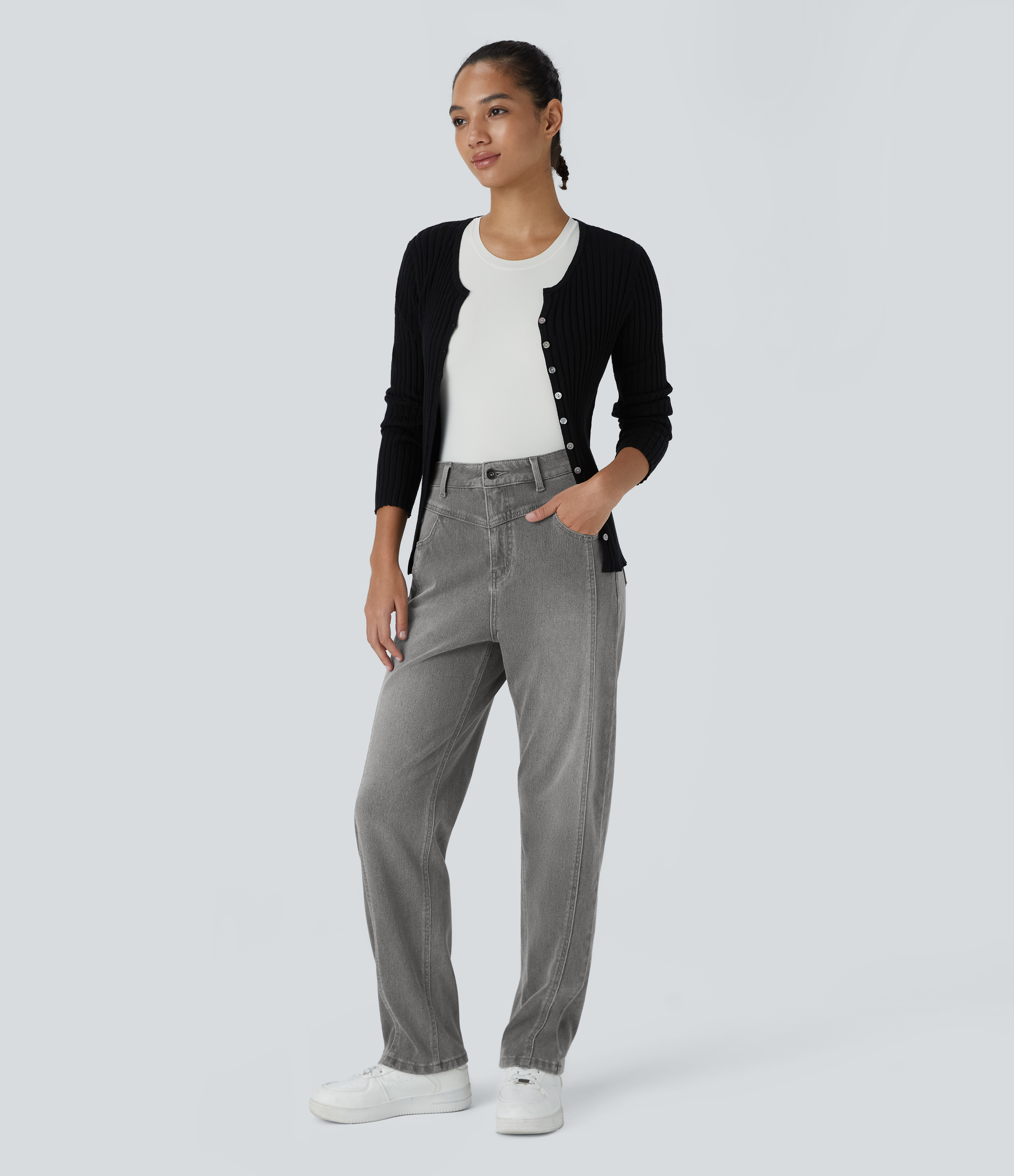 FlexHigh Waisted Zipper Pockets Washed Casual Jeans