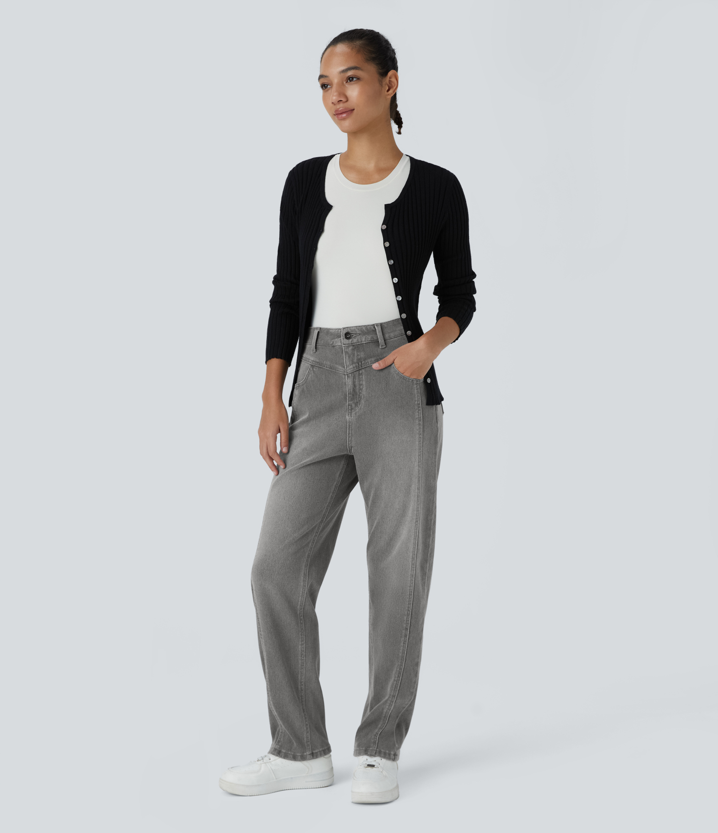 FlexHigh Waisted Zipper Pockets Washed Casual Jeans