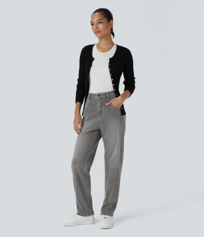 FlexHigh Waisted Zipper Pockets Washed Casual Jeans