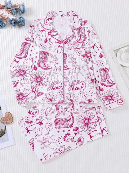 Women's 2-Piece Pajama Set, Hunter Boot Print, Holiday Party Sleepwear, Soft Shirt Collar Top & Elastic Pants, Casual Home Wear