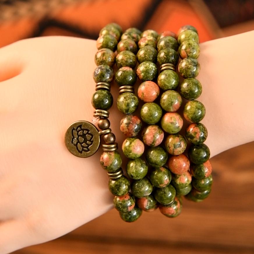 Unakite Healing Crystal Stone 108 Mala Beads Handmade Stacked Elastic Money Attraction Bracelet - Natural Stone Mindfulness Long Beaded Wrap  Genuine Gemstone Mala Prayer Beads Lotus Buddha Charm Yoga Japamala Jewelry Necklace , Elegant with Lotus Pendant