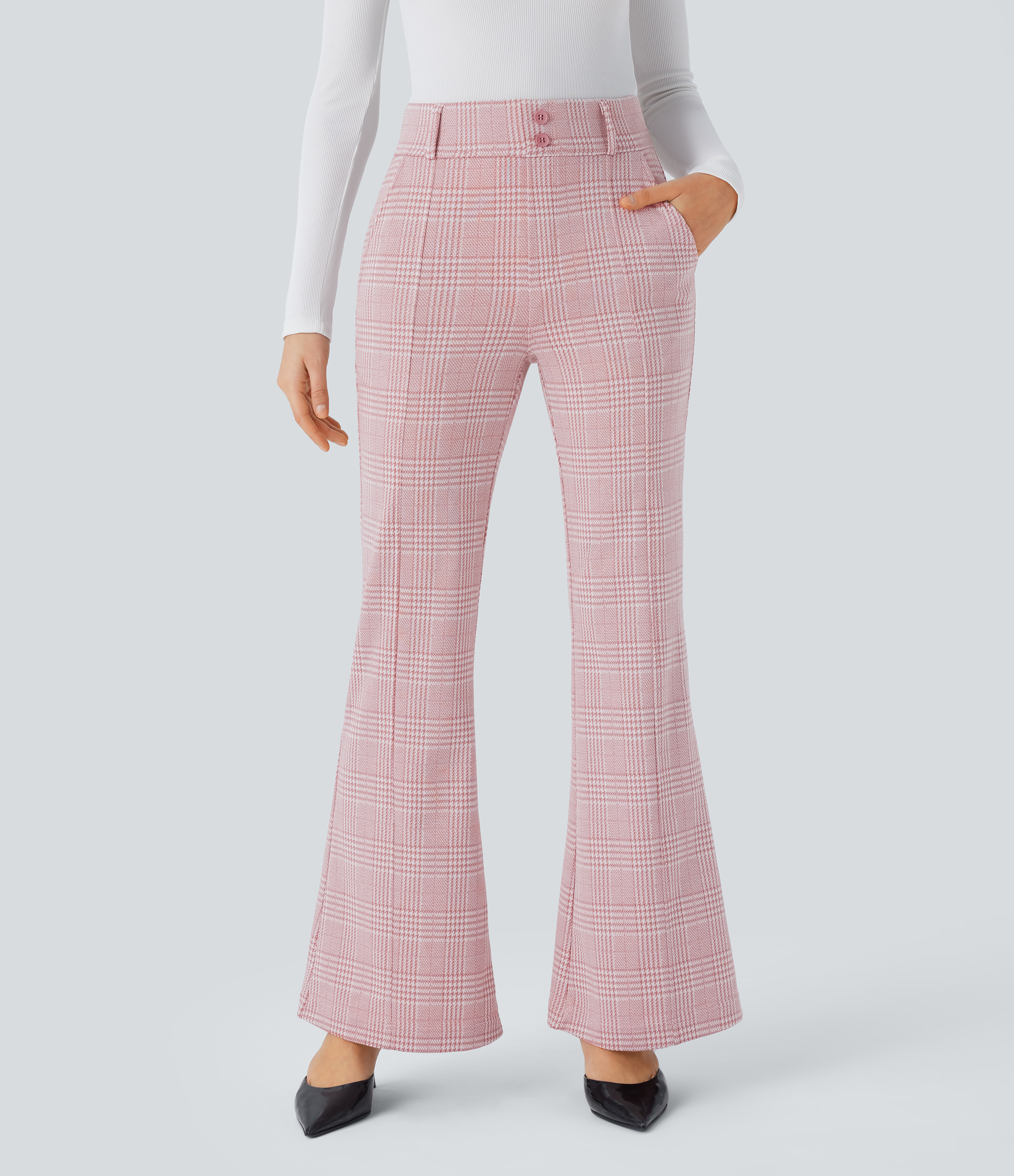 FlexHigh Waisted Decorative Pocket Houndstooth Plaid Work Flare Pants
