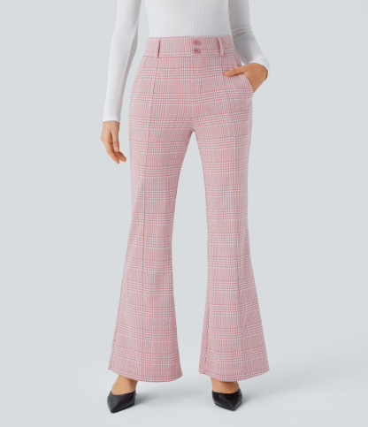 FlexHigh Waisted Decorative Pocket Houndstooth Plaid Work Flare Pants