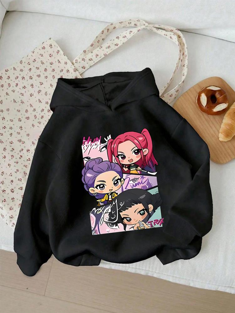 Girls' Kpop Hunter Series Hoodie, Long Sleeve Cartoon Print Pullover, Casual Comfortable Spring & Fall Fashion, Fitted Style