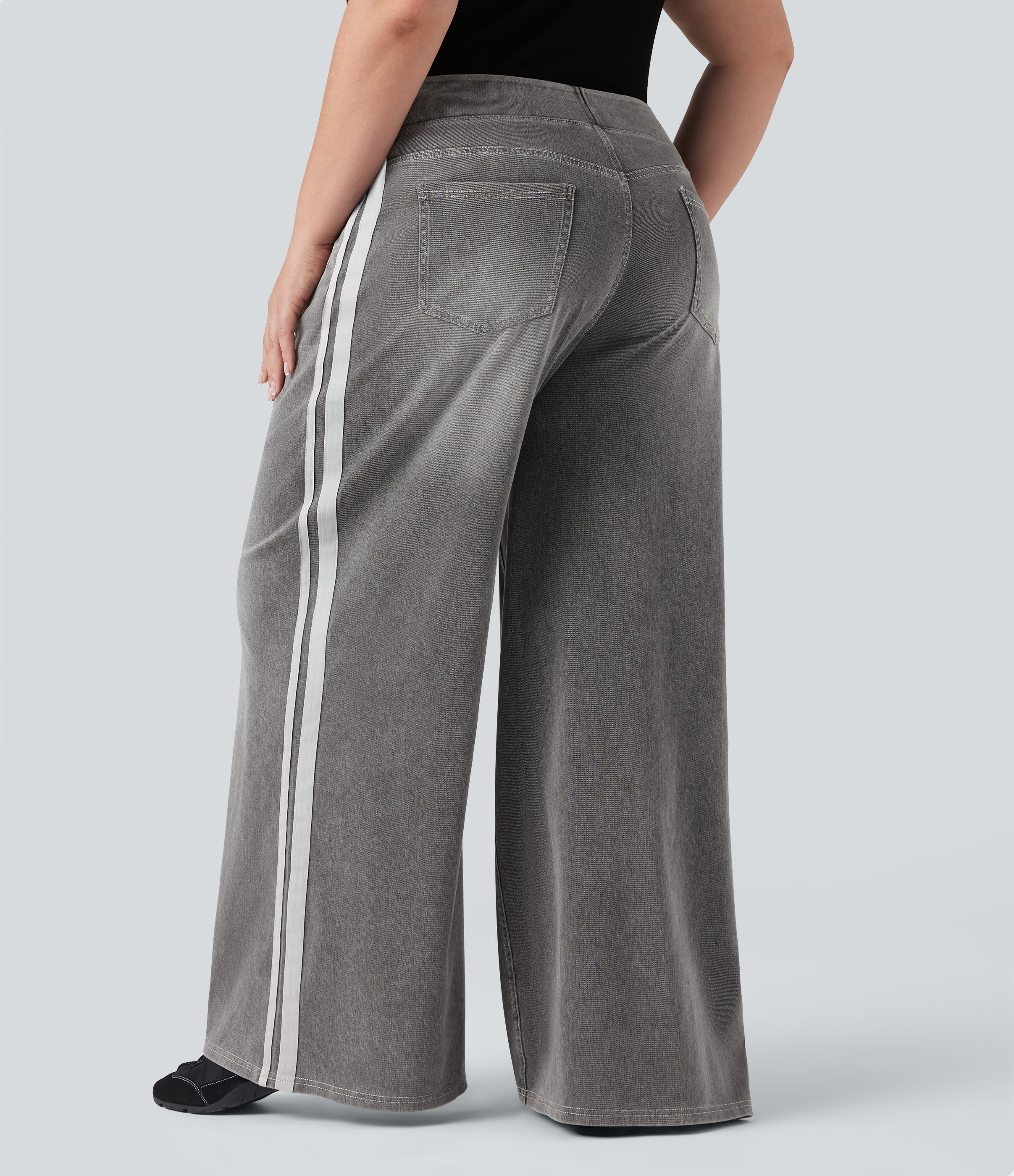 Plus Size FlexHigh Waisted Stripe Wide Leg Flowy Washed Casual Jeans with Pockets