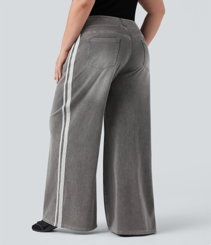 Plus Size FlexHigh Waisted Stripe Wide Leg Flowy Washed Casual Jeans with Pockets