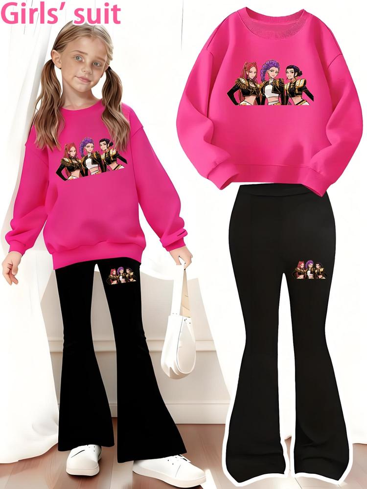 Girls Kpop Demon Hunters Set, Cartoon Pattern Long Sleeve Tee & Comfortable Bell Bottoms, Spring Fall Casual Fitted
