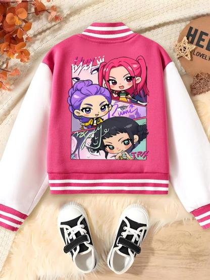 Girls' Halloween Christmas Short Baseball Jacket Coat, Kpop Hunter Design, Elastic Fabric, Fitted Style, Fall Winter Outdoor Indoor Sports Wear