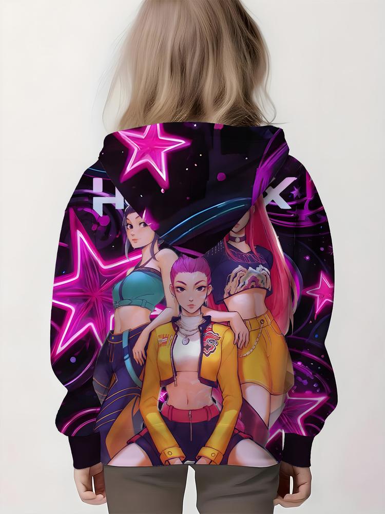 Girls Kpop Demon Hunters Hoodie, Graphic Casual Hoodie, Casual Fall Winter Sportswear, Fitted Random Print Design, Durable Outdoor Activities, Christmas Gift