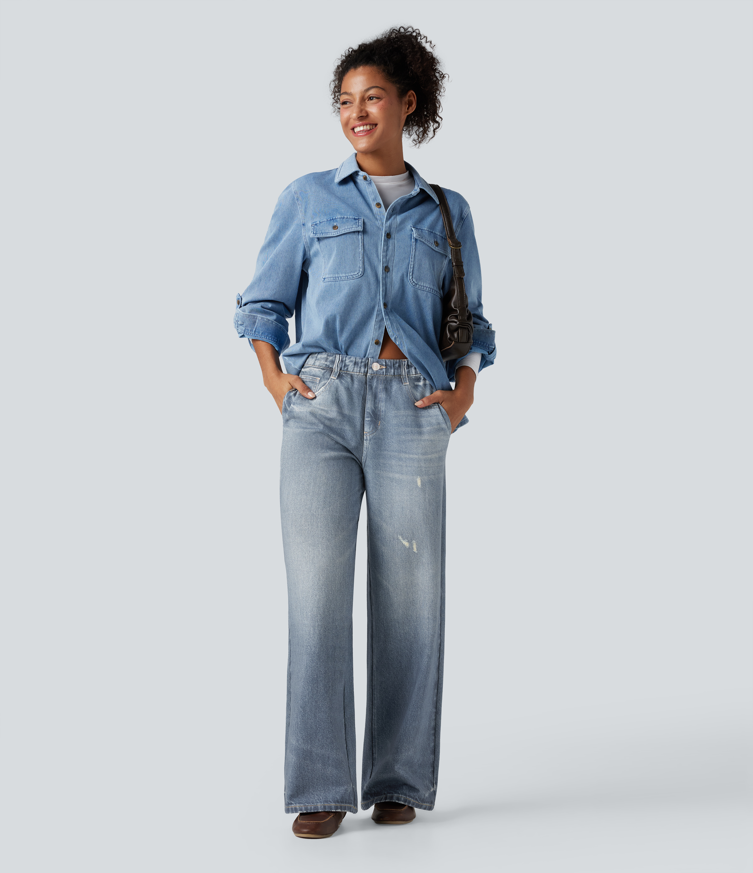 FlexMid Rise Wide Leg Casual French Terry Baggy Sweatpants Jeans with Pockets