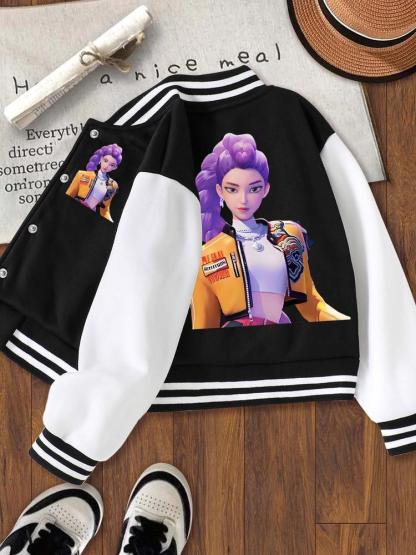 Girls' Short Baseball Jacket Coat, Cartoon Design, Elastic Fabric, Fitted Style, Fall & Winter School Uniform Outerwear, Striped Trim Jacket