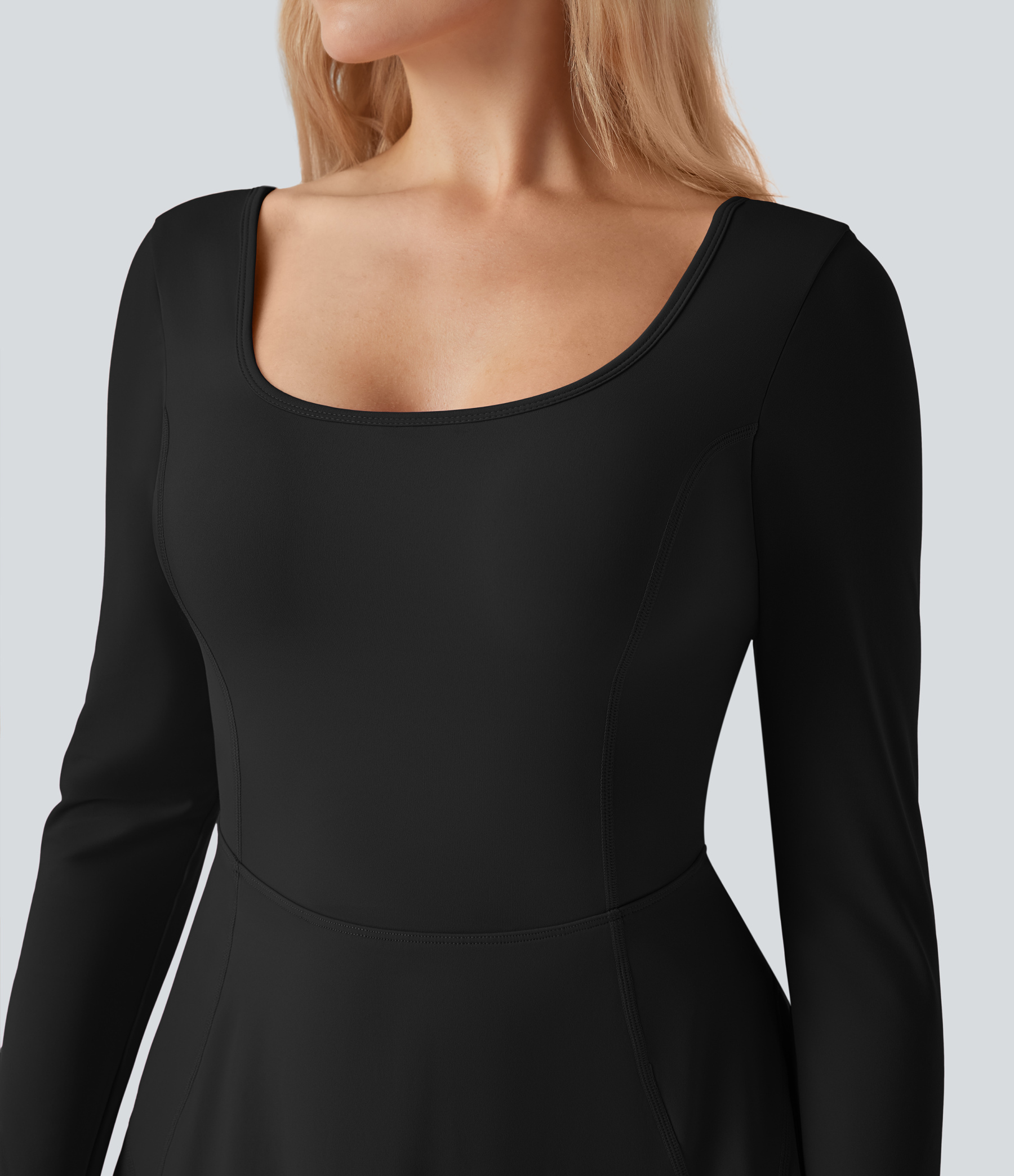 SoftlyZeroAiry U Neck Long Sleeve Thumb Hole 2-in-1 Cool Touch Mini Dance Active Dress with Pockets-Easy Peezy