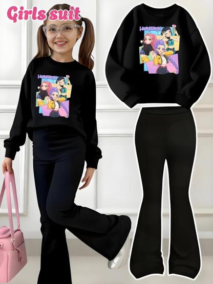 Women's Graphic Print Sweatshirt & Leggings Set, Casual Fitted Elastic Fabric for Spring Fall Outdoor Indoor Activities
