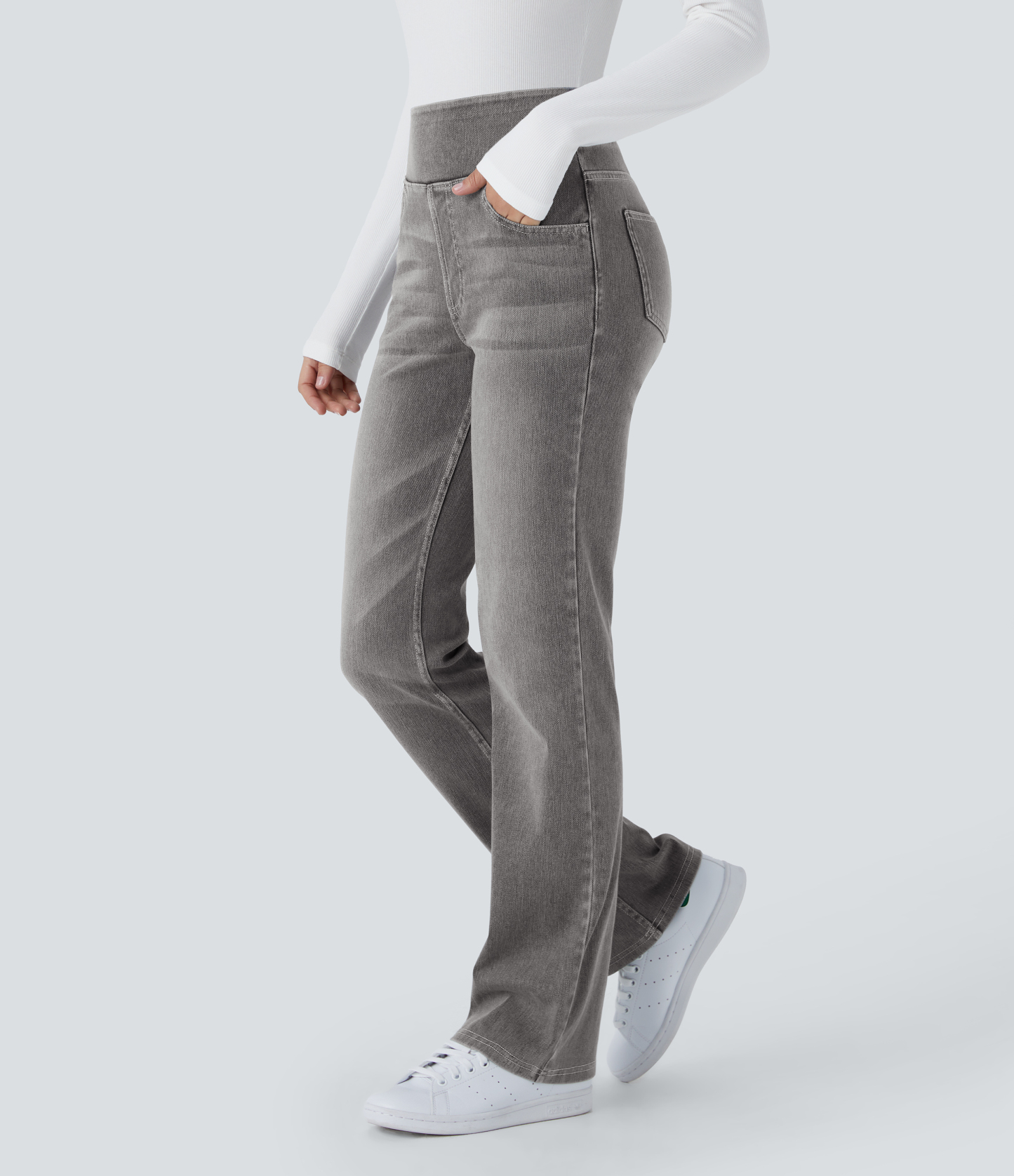 FlexHigh Waisted Pockets Washed Casual Bootcut Jeans