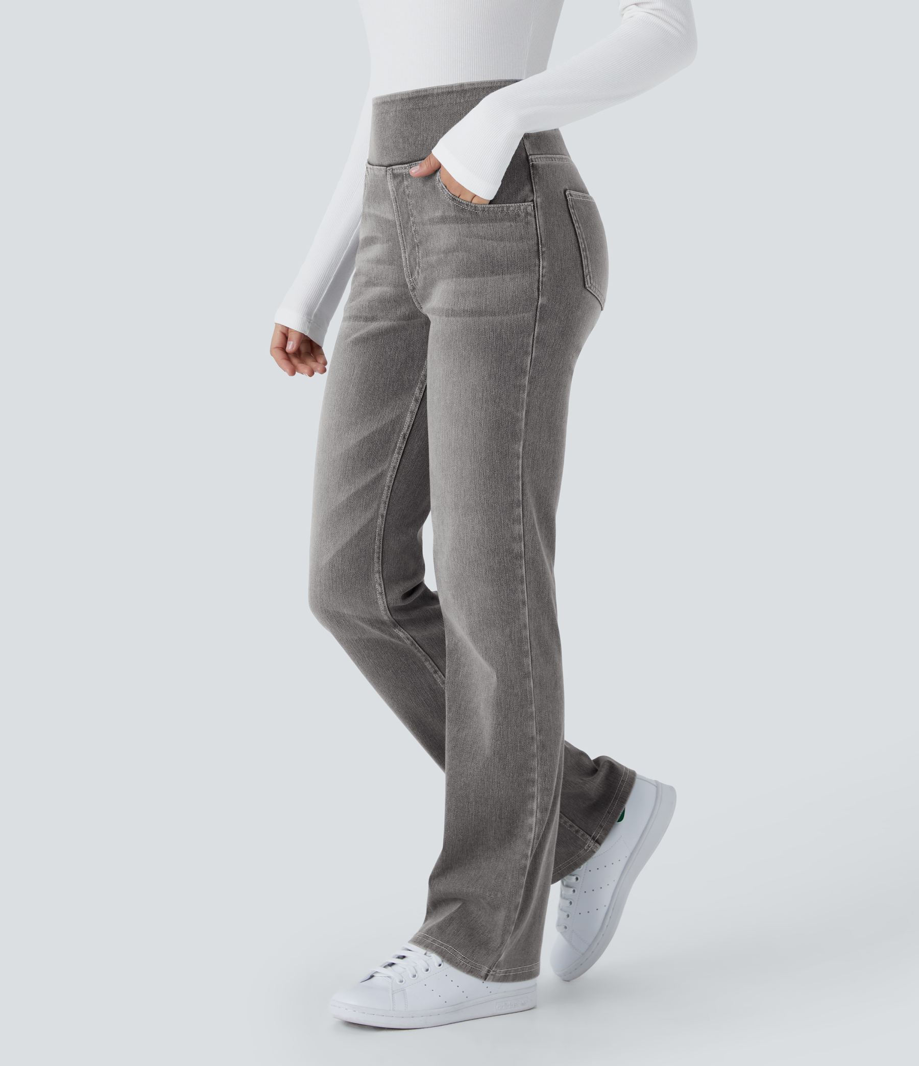 FlexHigh Waisted Pockets Washed Casual Bootcut Jeans