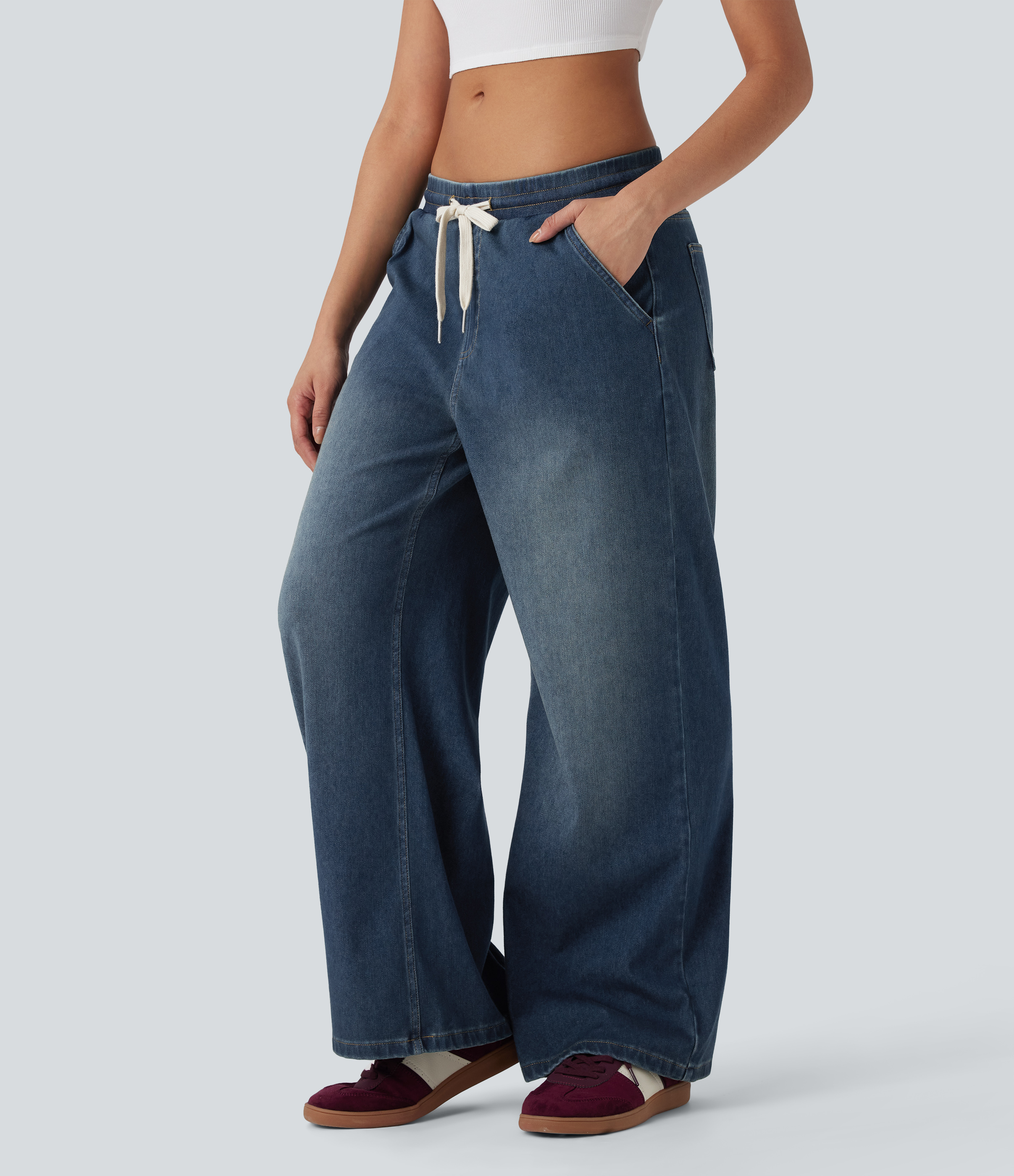 FlexLow Rise Drawstring Stretchy Knit Casual Baggy Sweatpants Jeans with Multiple Pockets