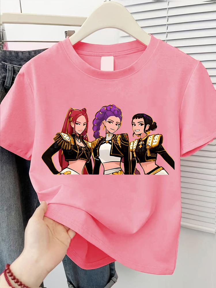 Girls Summer Fashion Anime Print Short Sleeve T-Shirt, Casual Outdoor Wear, Comfortable Fitted Cartoon Pattern Tee