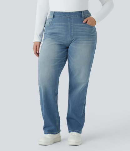 FlexHigh Waisted Pockets Straight Leg Washed Casual Plus Size Jeans