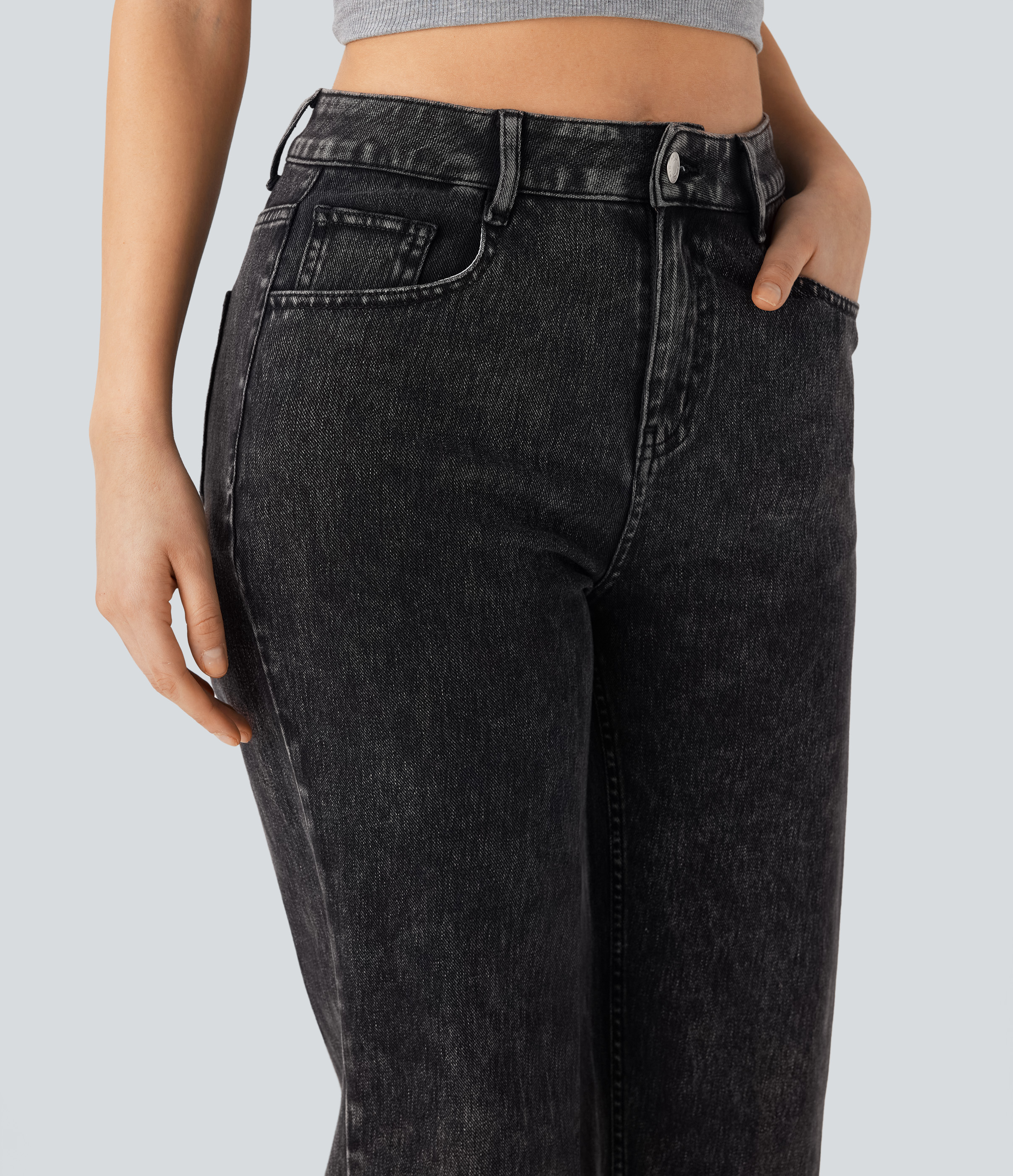 FlexHigh Waisted Zipper Pockets Straight Leg Casual Jeans