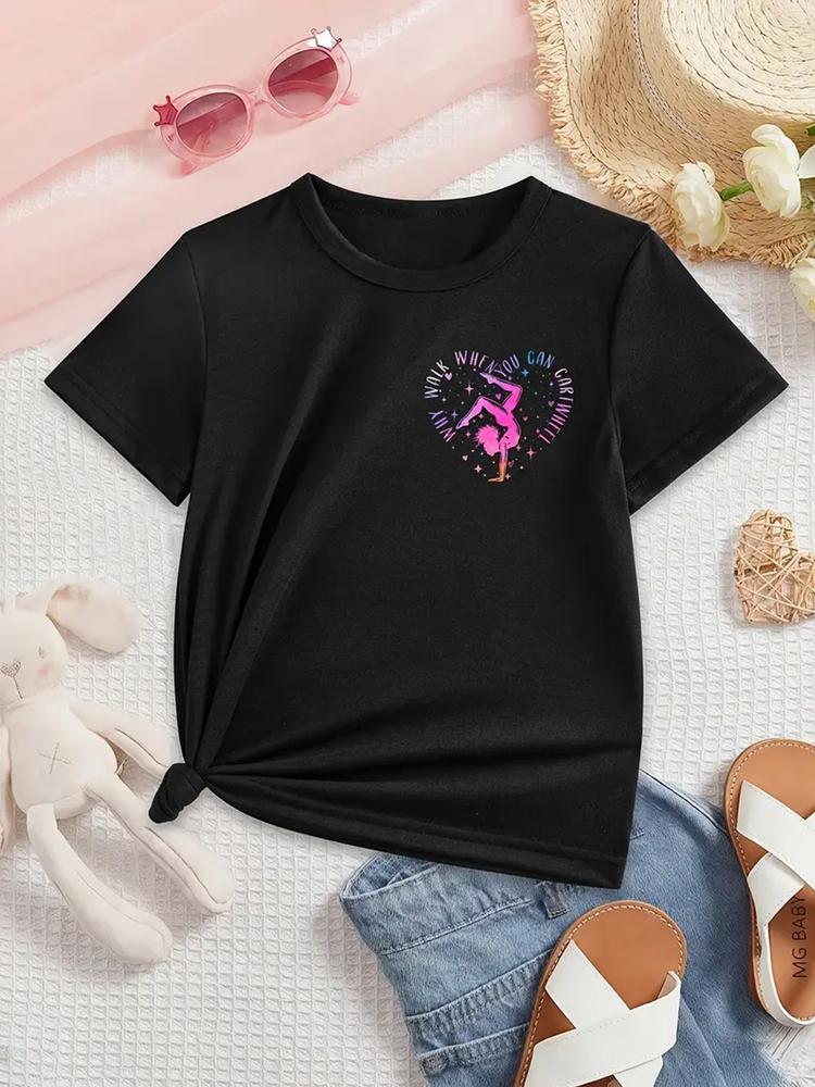 Girls Summer Fashion Creative Reversible Print Short Sleeve T-Shirt, Outdoor Casual Comfortable Wear, Fitted Style, Moderate Fabric Thickness, Graphic Shirt