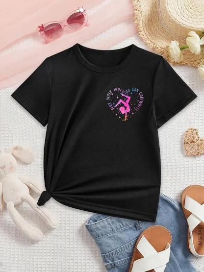 Girls Summer Fashion Creative Reversible Print Short Sleeve T-Shirt, Outdoor Casual Comfortable Wear, Fitted Style, Moderate Fabric Thickness, Graphic Shirt