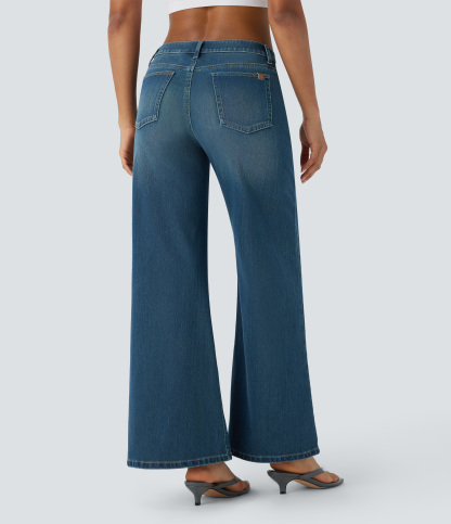 FlexLow Rise Zipper Pockets Baggy Wide Leg Flare Washed Casual Jeans