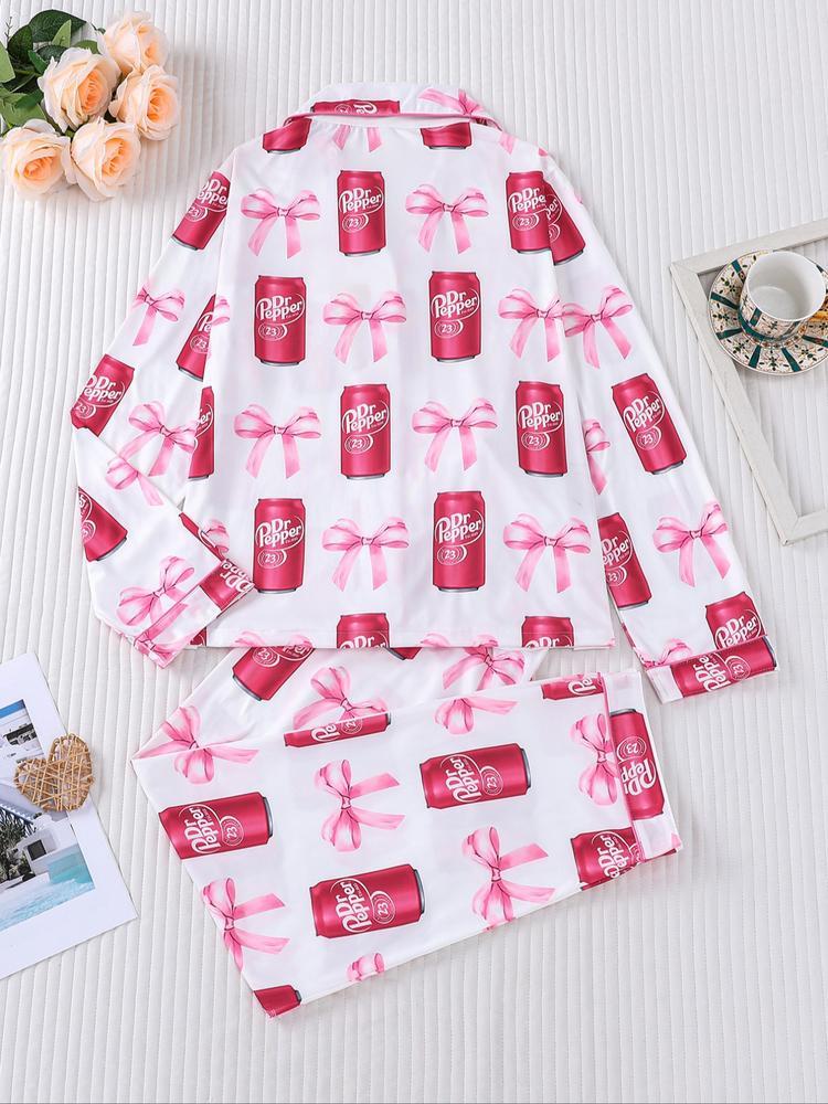 Women's 2-Piece Pajama Set, Long Sleeve Top & Elastic Pants, Casual Fall Winter Sleepwear, All over Print Design