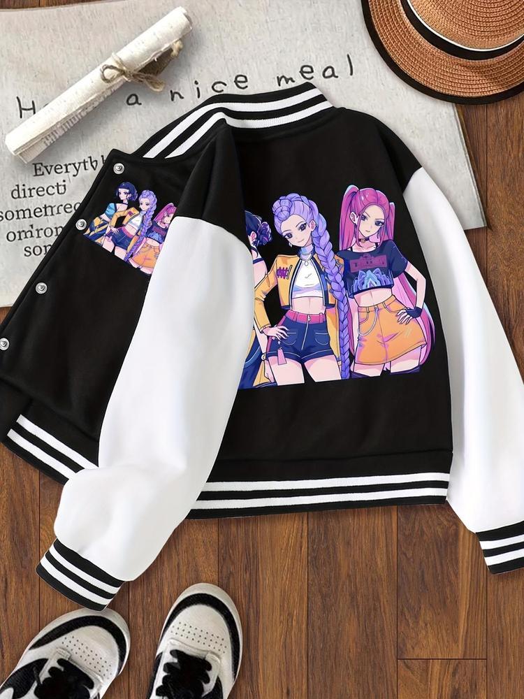 Kpop Anime Girl Print Fitted Jacket, Elastic Fabric, Girls' Street Style Sportswear, Fall & Winter Halloween Alternative