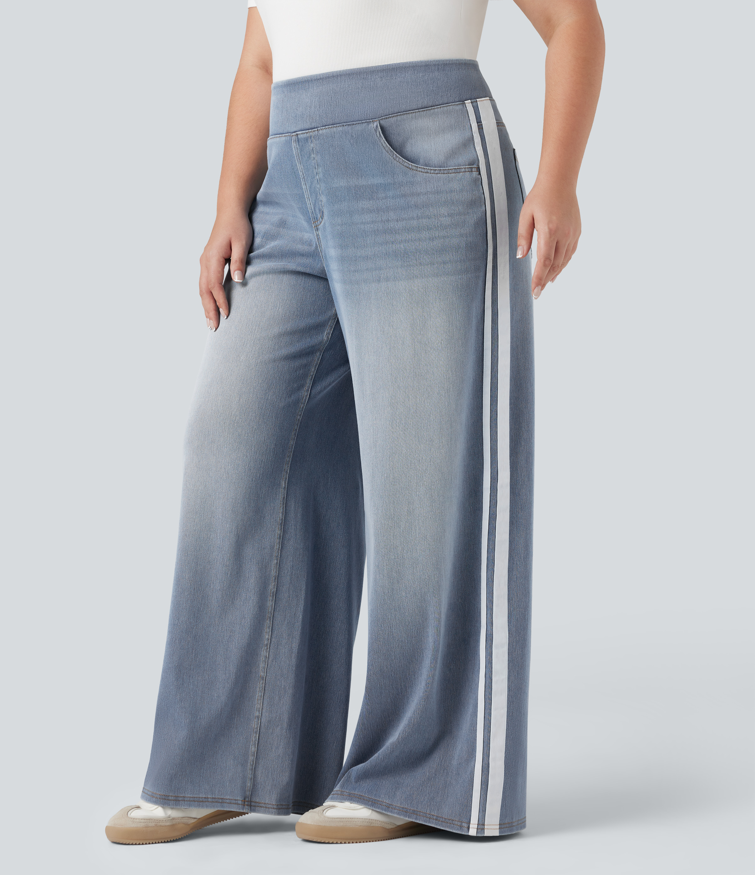 Plus Size FlexHigh Waisted Stripe Wide Leg Flowy Washed Casual Jeans with Pockets