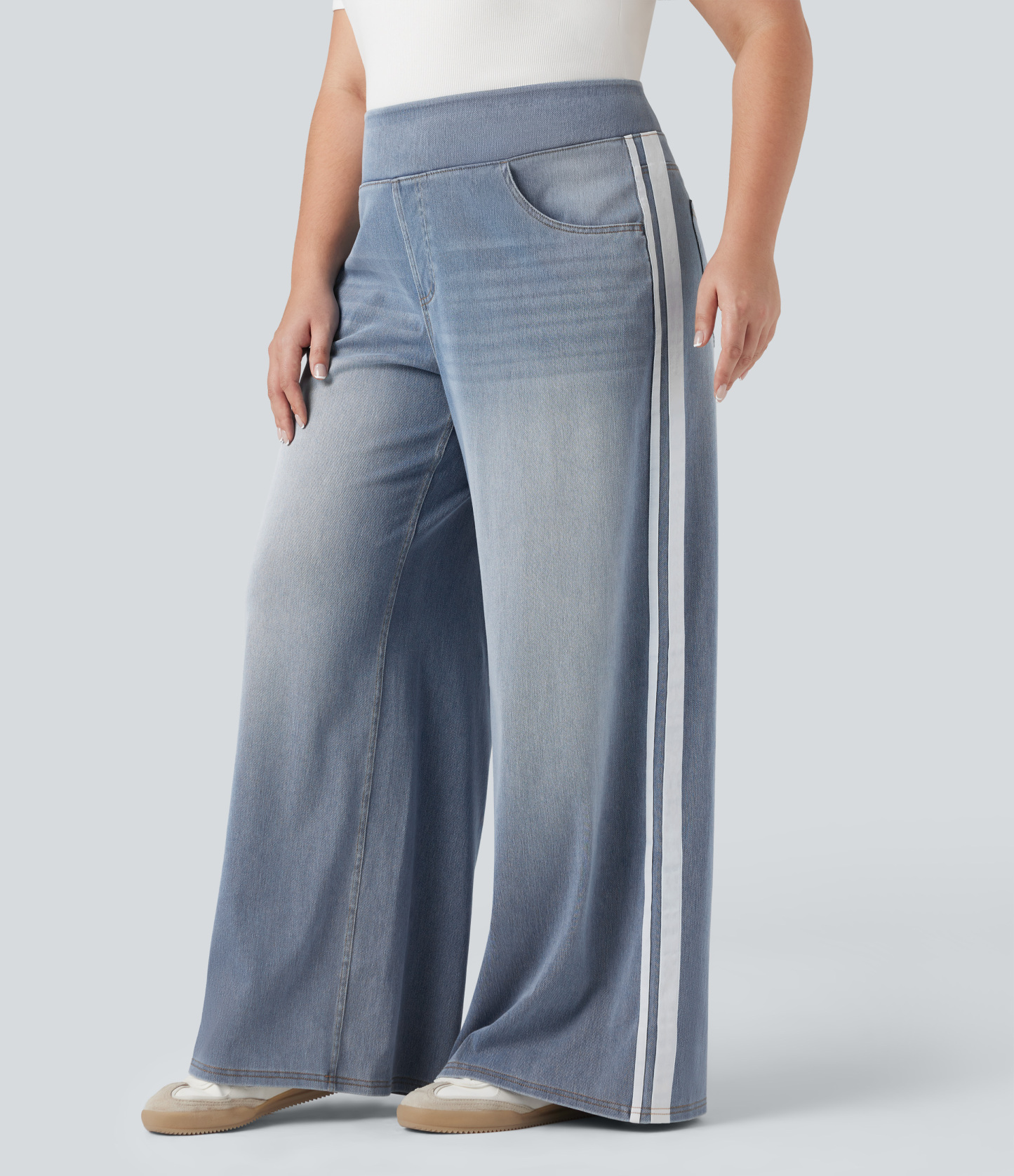 Plus Size FlexHigh Waisted Stripe Wide Leg Flowy Washed Casual Jeans with Pockets