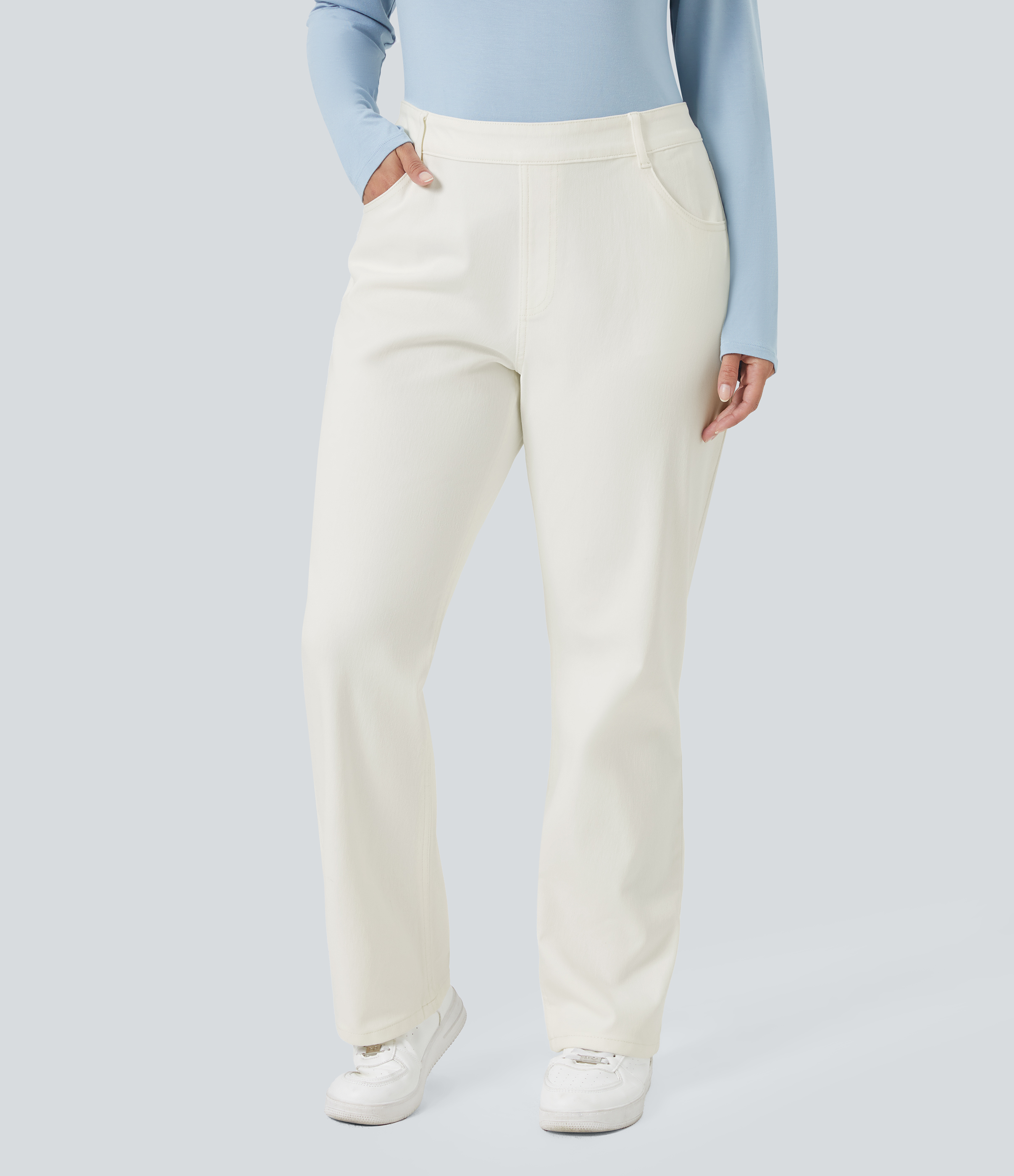 FlexHigh Waisted Pockets Straight Leg Washed Casual Plus Size Jeans