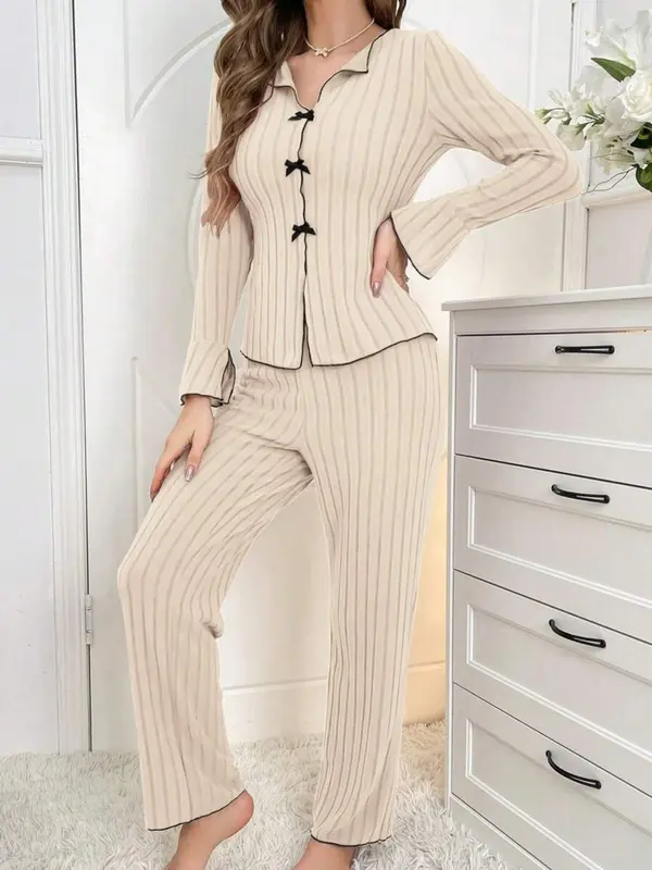 Women's Solid Lettuce Trim Top & Pants Loungewear Two-Piece Set, Casual Comfy Long Sleeve V Neck Top & Trousers PJ Set, Ladies Sleepwear for All Seasons