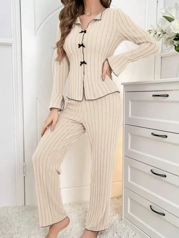 Women's Solid Lettuce Trim Top & Pants Loungewear Two-Piece Set, Casual Comfy Long Sleeve V Neck Top & Trousers PJ Set, Ladies Sleepwear for All Seasons