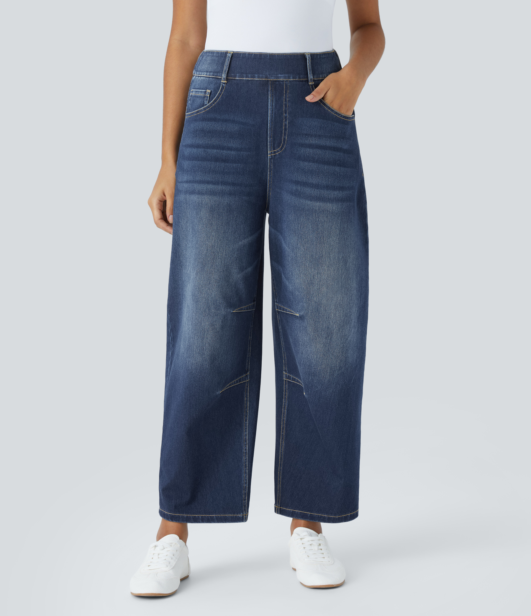 FlexMid Rise Pockets Barrel Leg Casual Jeans