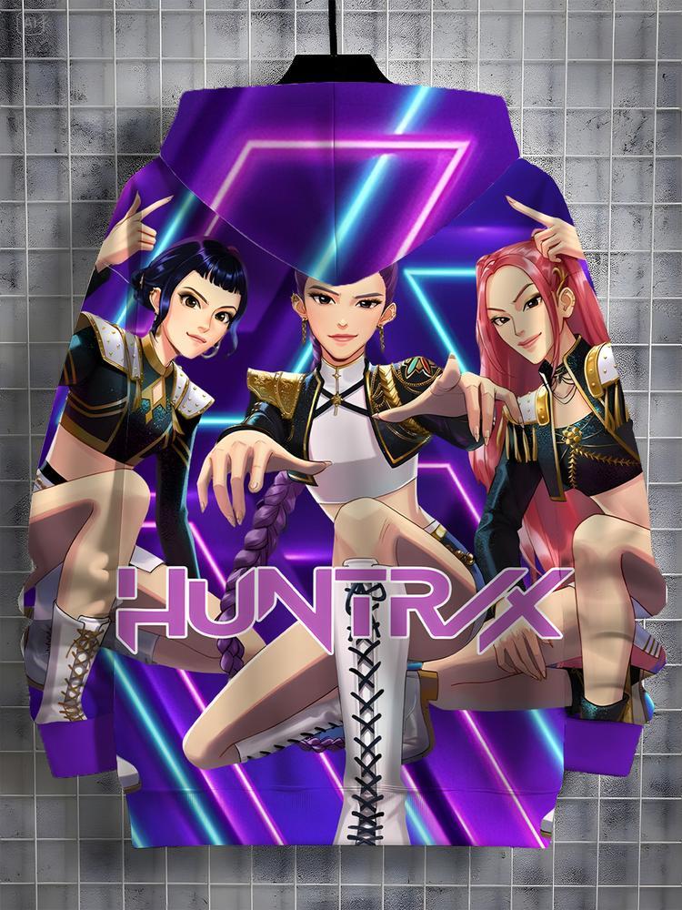 Girls Kpop Demon Hunters Series Stage Style Hoodie, Casual Fall Winter Sportswear, Durable Random Print Design, Christmas Gift