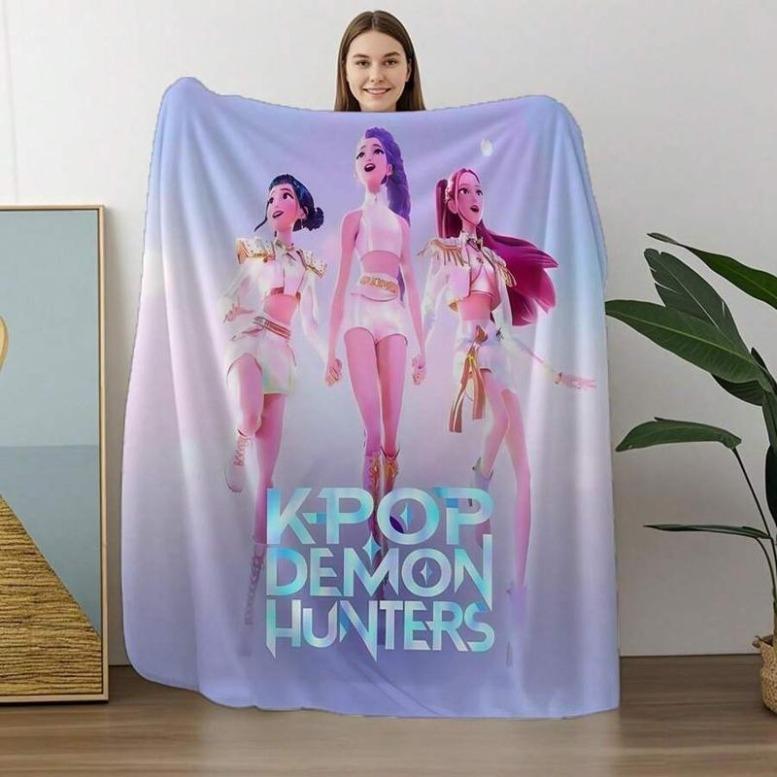 K-POP DEMON HUNTERS Stylized Trio Flannel Blanket - All-Season Comfort Multi-Purpose Printed Throw, Suitable For Sofa, Bed,K-POP Demon Hunters Merch,Zoey,Mira,Rumi,Huntrix,Sajaboys,Gift For Kids, Gift For Men & Women, K-POP Demon Hunters Merch