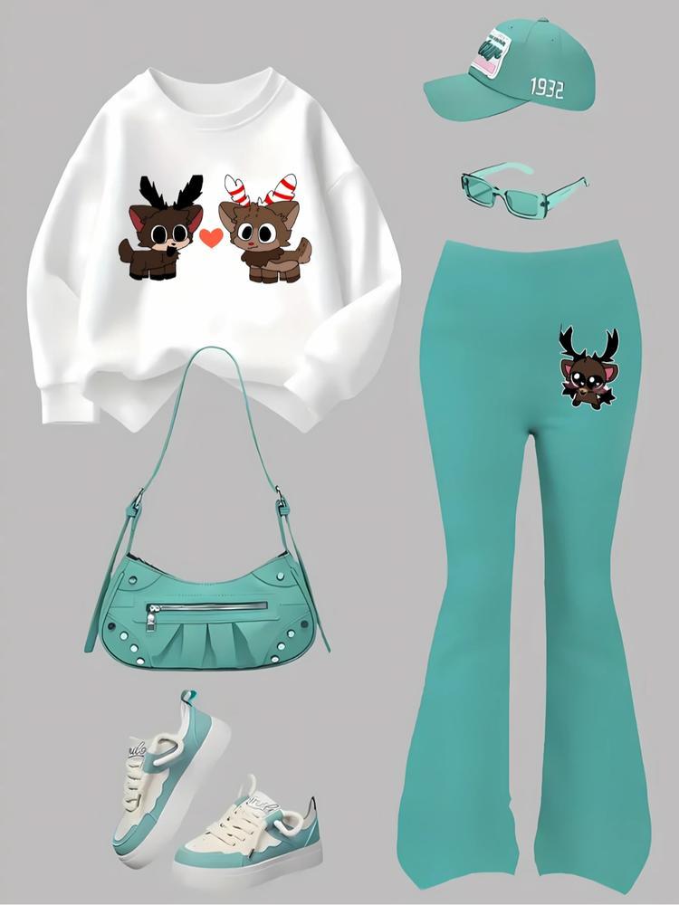Girls' Cartoon Print Sweatshirt & Elastic Leggings Set, Casual Fitted for Spring & Fall, Kids Outdoor Indoor Activities