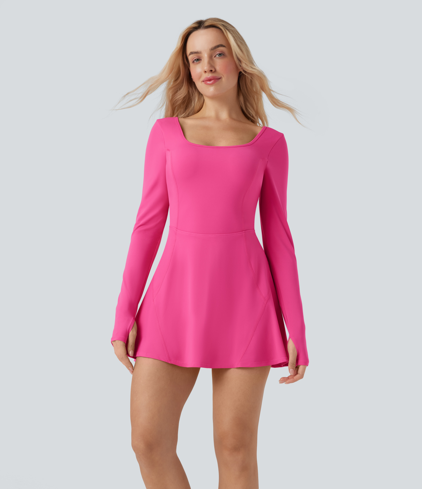 SoftlyZeroAiry U Neck Long Sleeve Thumb Hole 2-in-1 Cool Touch Mini Dance Active Dress with Pockets-Easy Peezy