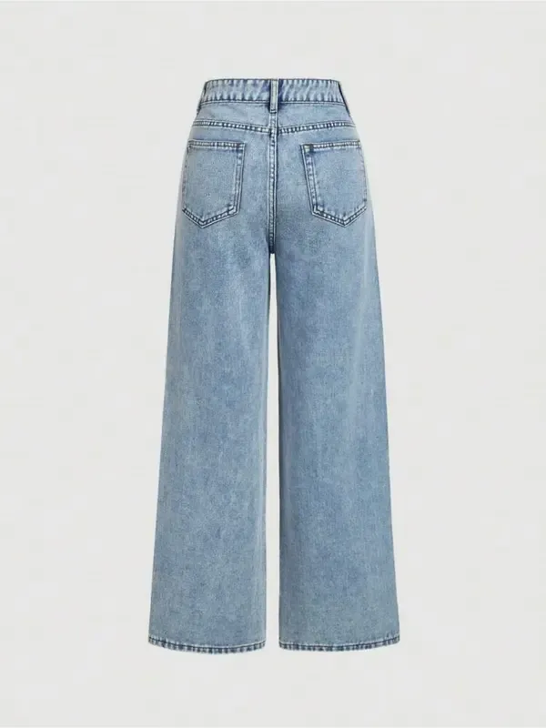 Women's Elegant High-Waisted Wide-Leg Jeans, Fitted Woven Fabric, Rhinestone Embellished, All-Season Fashion Pants