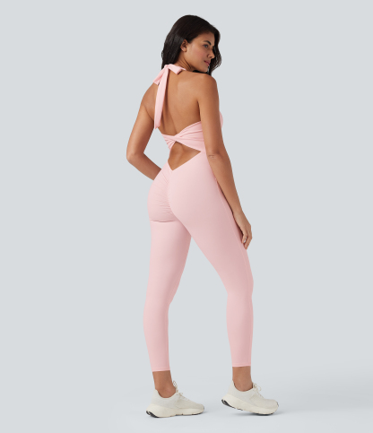SoftlyZeroAiry Halter Tie Back Cut-out Scrunch Yoga Skinny Jumpsuit