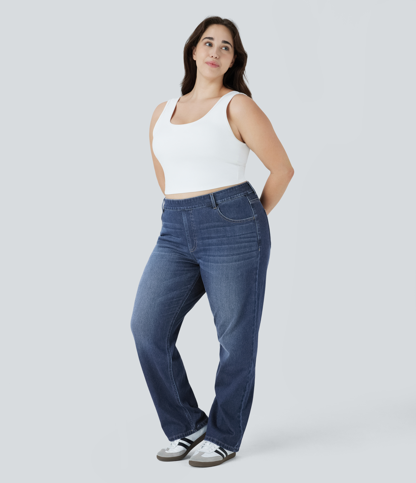 FlexHigh Waisted Pockets Straight Leg Washed Casual Plus Size Jeans