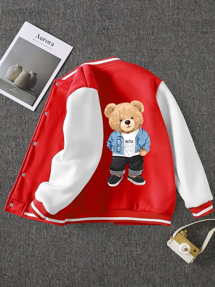 Boys' Spring & Fall Cartoon Bear Print Jacket, Comfortable Casual Sports Outerwear, Fitted Style, Moderate Fabric Thickness