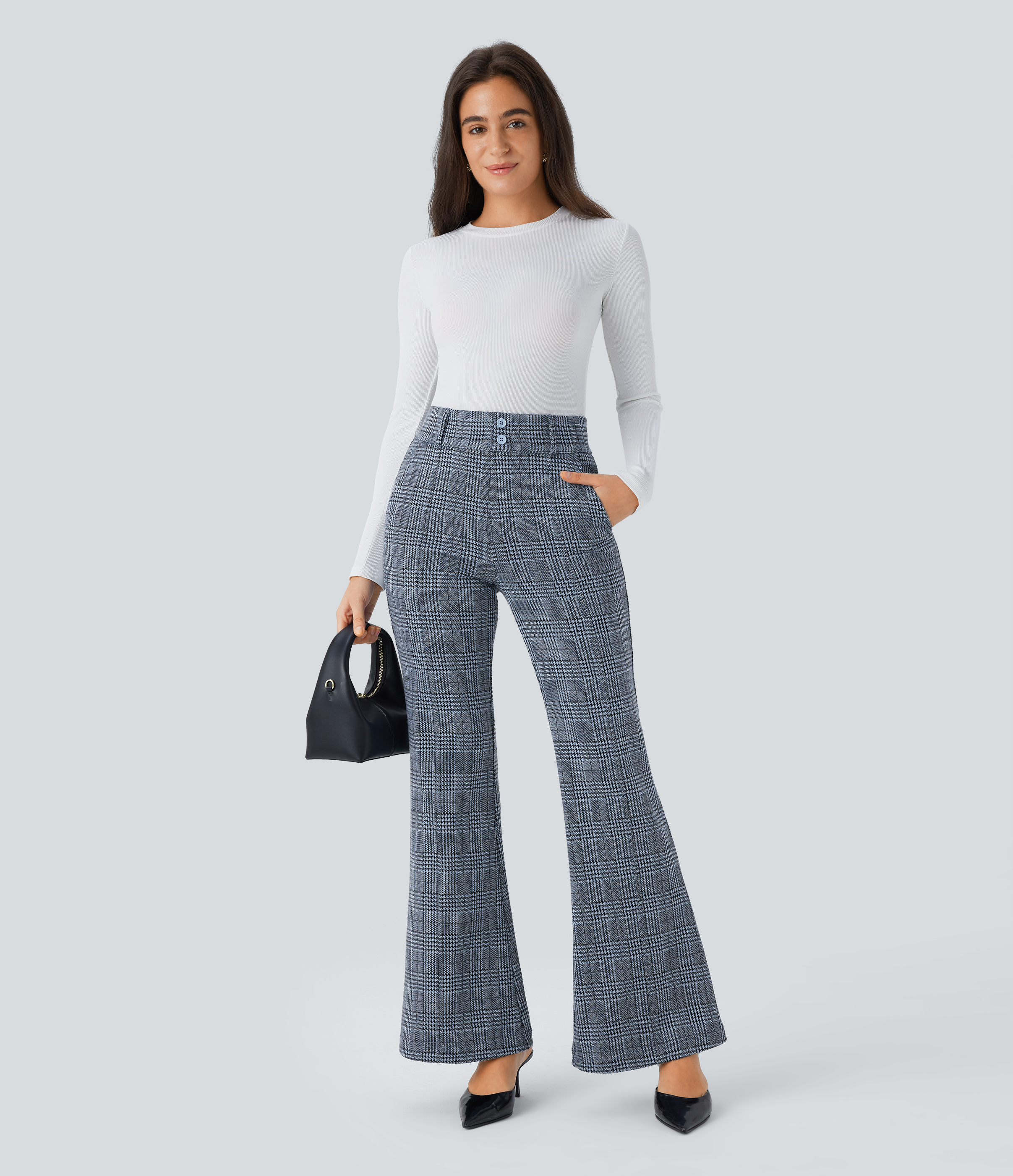 FlexHigh Waisted Decorative Pocket Houndstooth Plaid Work Flare Pants