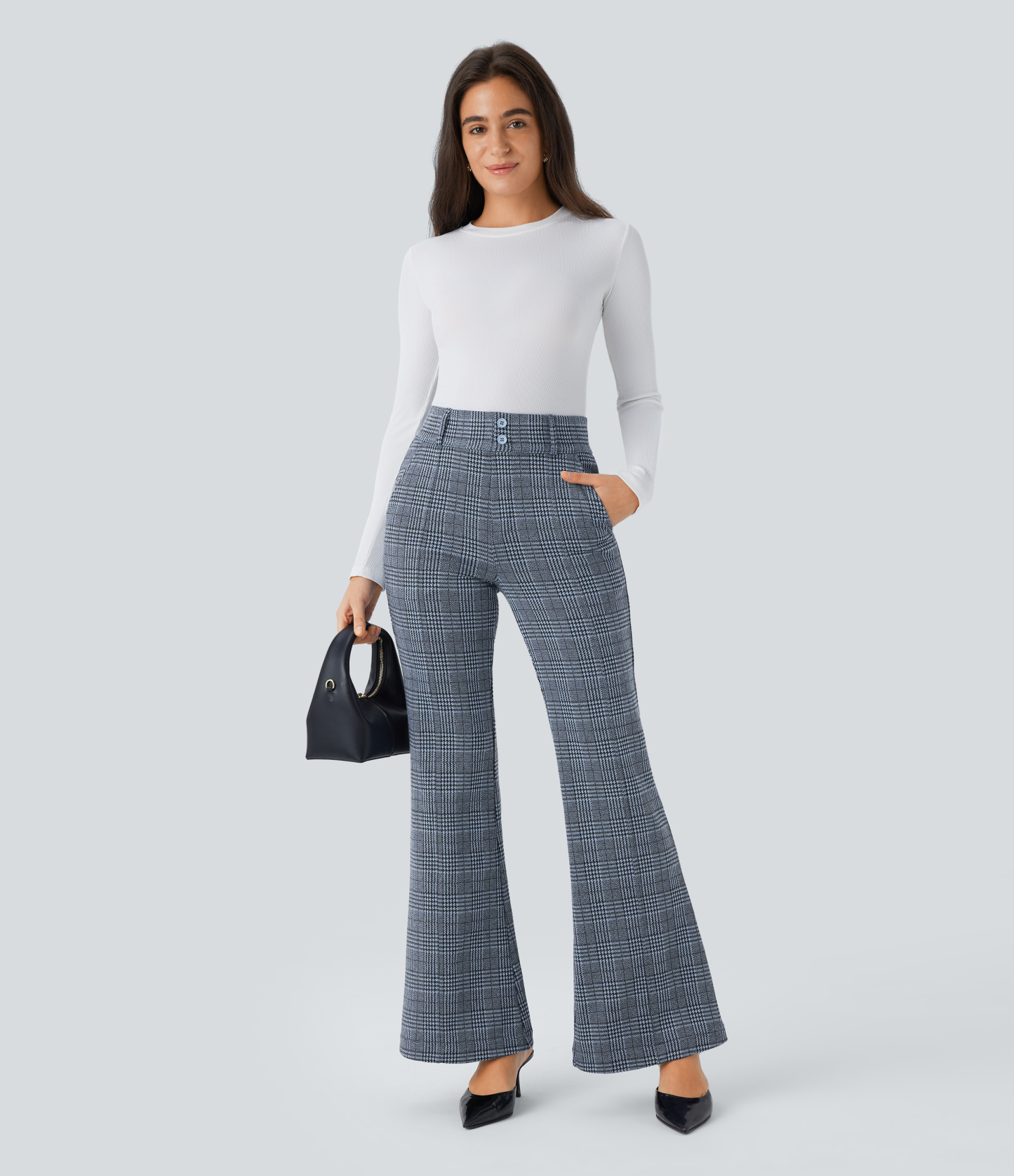 FlexHigh Waisted Decorative Pocket Houndstooth Plaid Work Flare Pants