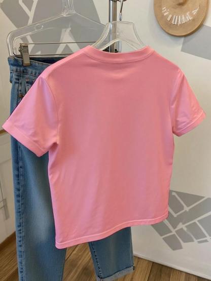 Girls Summer Fashion Creative Letter Pattern Print Short Sleeve T-Shirt, Outdoor Casual Comfortable Wear, Fitted Style, Moderate Fabric Funny Graphic Tee